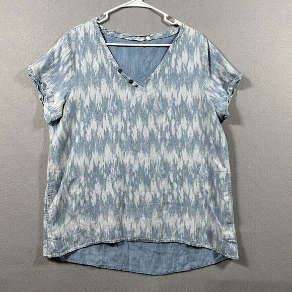 Soft Surroundings Shirt Womens XL Blue Pattern Chambray Short Sleeve‎ V Neck - Picture 1 of 10